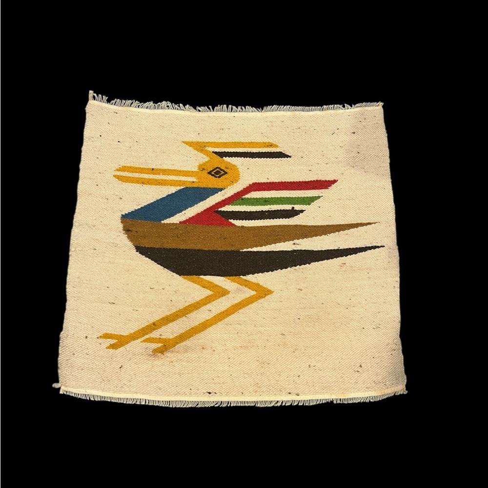 Vintage Hand Woven Wool Ecuador Folk Art Wall Floor Table Rug Roadrunner
